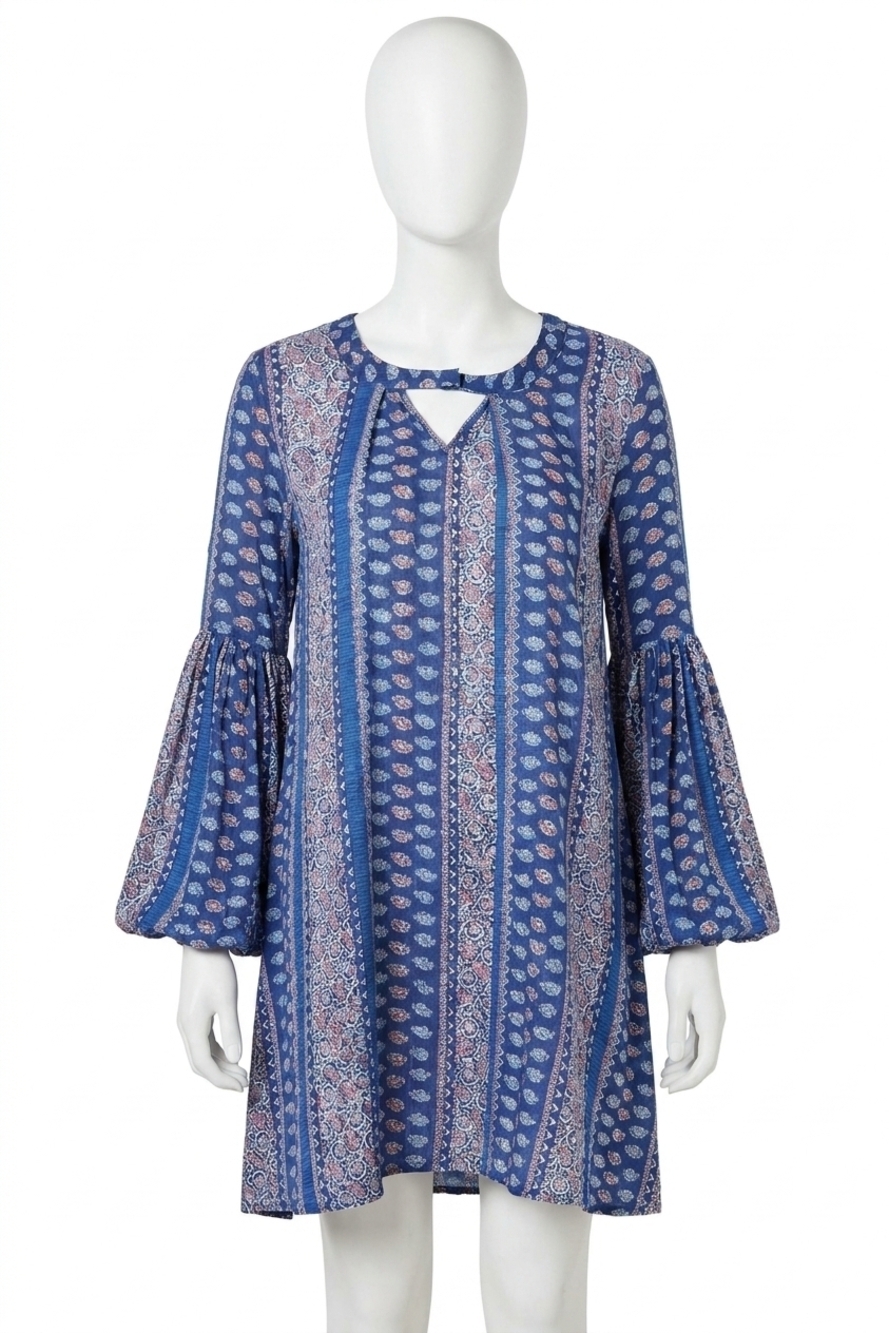 NEW VELZERA floral paisley keyhole neckline mini dress in blue multi